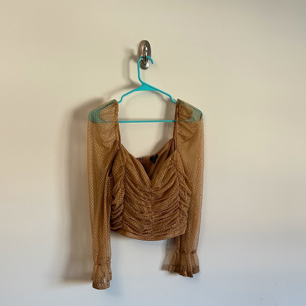 Rouched Beige & Tan Top | Sheer Bell Sleeve Blouse | Pirate / Western Style